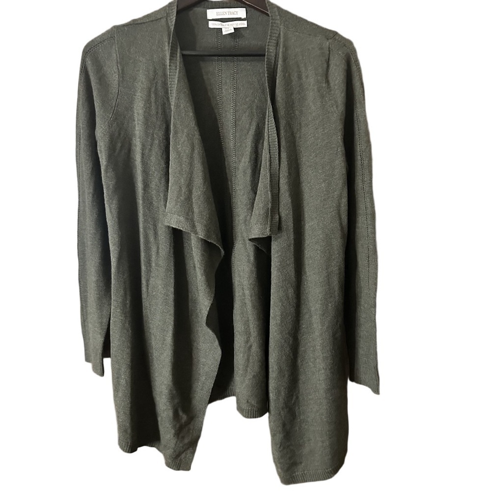 Ellen Tracy Women's Deep Green Merino Wool Open Front Cardigan Sz Medium